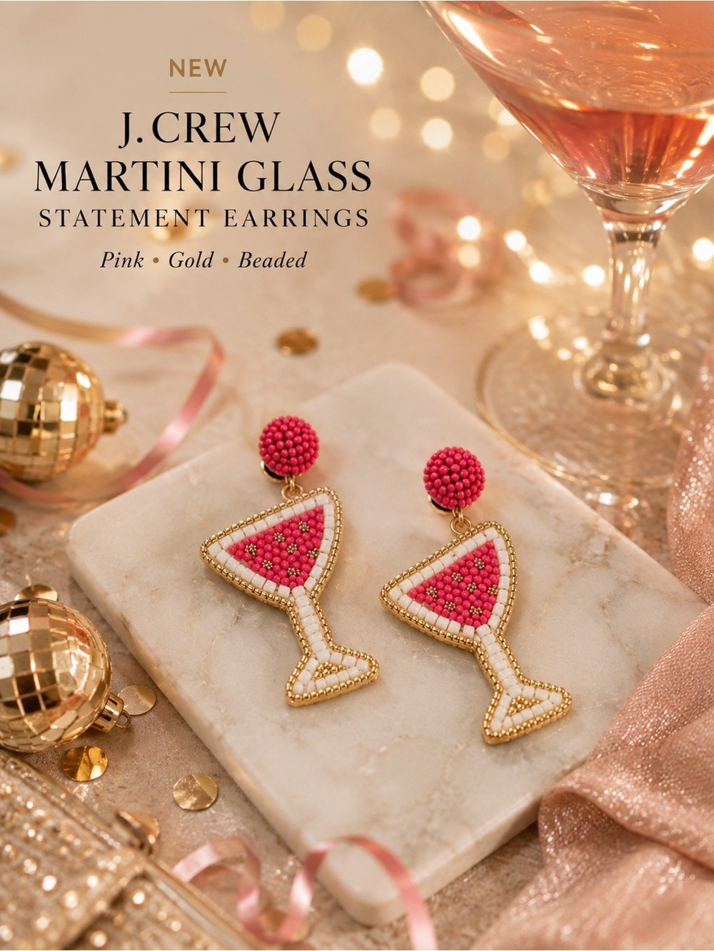 NEW J. Crew Martini Glass Beaded Statement Earrings Pink Gold NWOT - Picture 3 of 7